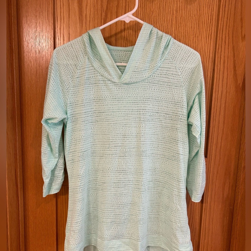 Columbia Women's Mint Green Dotted Hooded Top 3/4 Ruched Sleeve Size Small